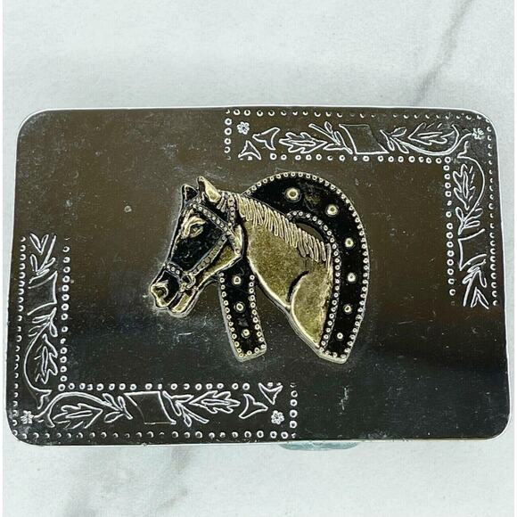 Vintage Horse Head Horseshoe Western Silver and Gold Tone Belt Buckle - Picture 1 of 8
